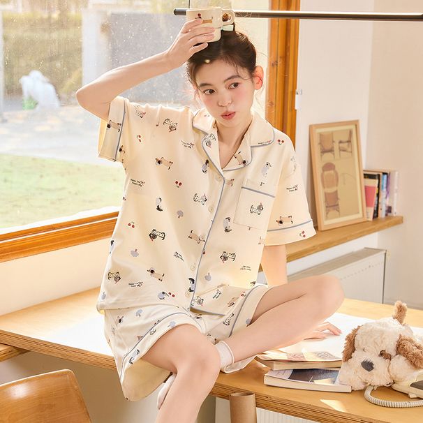 Women's Summer 2026 Cartoon Short-sleeve Short Pants Home Wear Set, Sweet And Cute, Can Be Worn Outside, Made Of Pure_ecoleips.com