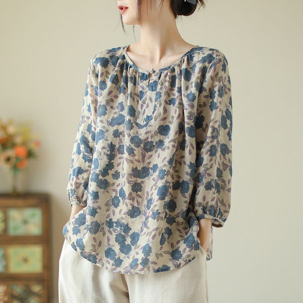 Women's Loose-Fitting Cotton Shirt With Sweet Artistic Print, Lightweight Ramie Fabric For Early Autumn_ecoleips.com