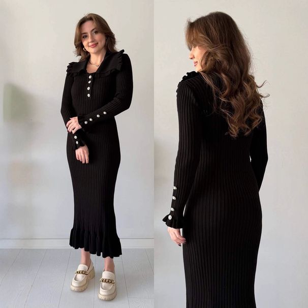 K Temperament New Lotus Leaf Collar Slim Fit Fish Tail Knitted Wool Dress_ecoleips.com