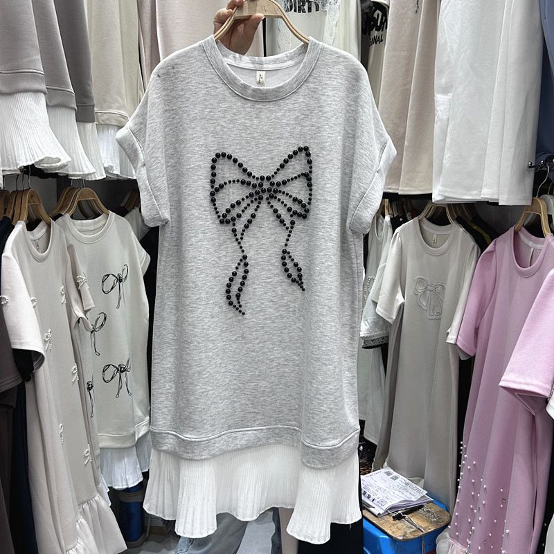 Women's Casual Fashionable Versatile Long Dress Bow And Pearl Embellishment Loose Fitting Slimming Short Sleeved Summer Style_ecoleips.com