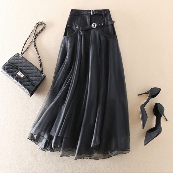 High Waist Mesh Skirt For Women Spring Autumn Japanese Korean Style Splicing A-Line Swing Medium Length Slimming Effect_ecoleips.com