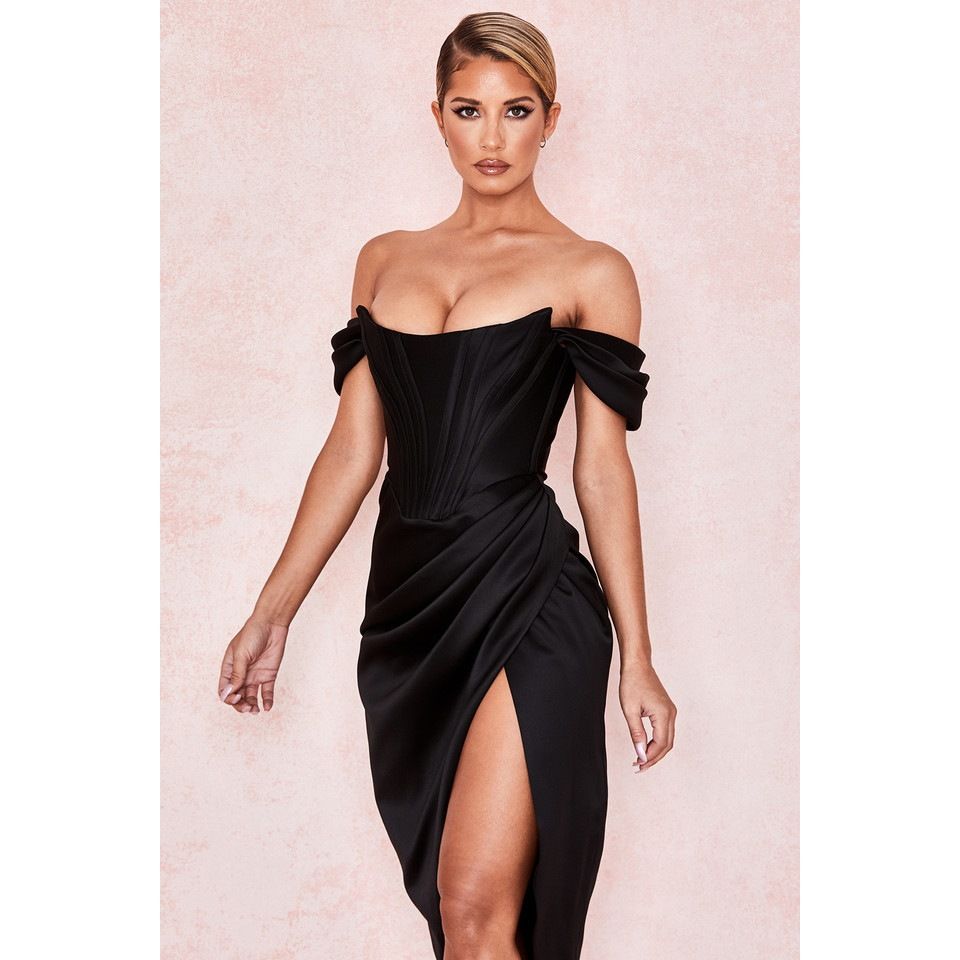 Women's Satin Bodycon Midi Party Dress Satin Suspender Sexy Slit One Shoulder Dress_ecoleips.com