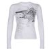 Retro Print Long Sleeve T-Shirt for Women Casual Y2K Harajuku Style Slim Fit round Neck Base Layer Top European American_ecoleips.com