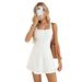 Voya Women's Fashion White Hollow Hook Flower Square Collar Bow Sleeveless Waist Cinching Slimming A-line Dress_ecoleips.com