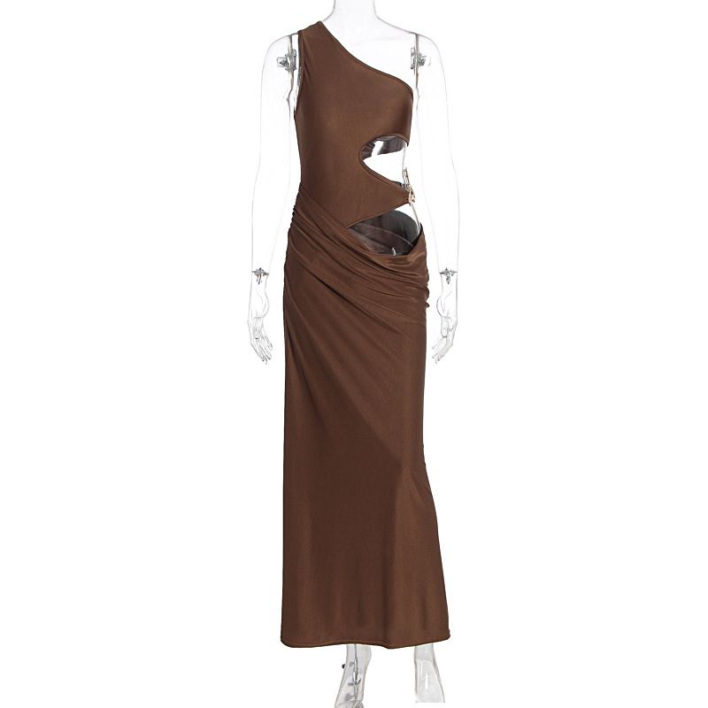 Women Premium Textured Dress Elegant High End Asymmetric Neckline Sleeveless Ruched Detail Party Casual Dress For Women Fashion Outfit_ecoleips.com