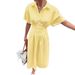 Women's Clothing Striped Shirt Dress Short Sleeved Midi Length Pleated Waist Slit_ecoleips.com