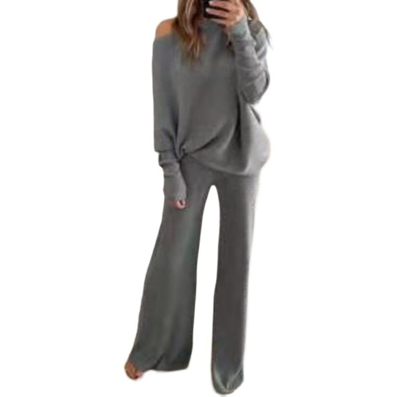 Oversized Batwing Sleeve Top & High-Waisted Wide-Leg Pants Set – Minimalist Knit Two-Piece Outfit (S-XXXL)_ecoleips.com