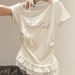 2025 Summer New Pure Sweet And Spicy Short Lace Lotus Leaf Edge Letter Bead Oblique Neck Top_ecoleips.com