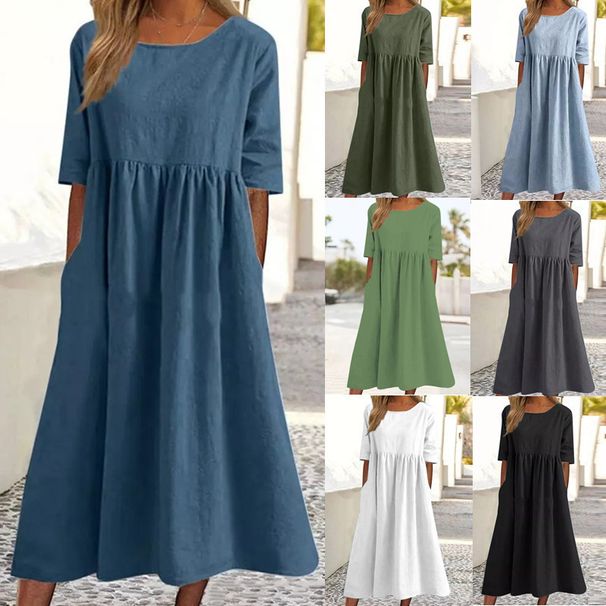 Summer Cotton Linen Blend Casual Dress Women's round Neck Short Sleeve Pocket Detail Pleated Loose Fit Independent Station Design 2025_ecoleips.com