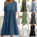 Summer Cotton Linen Blend Casual Dress Women's round Neck Short Sleeve Pocket Detail Pleated Loose Fit Independent Station Design 2025_ecoleips.com