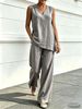 Women's Casual V-Neck Cotton Linen Top And Wide Leg Pants Two-Piece Set Fashion For Comfortable Style_ecoleips.com
