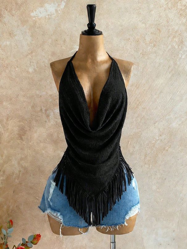 Women's Sexy Halter Neck Top Sleeveless Backless Tie Waist Slim Fit Casual Vacation Style Vest_ecoleips.com