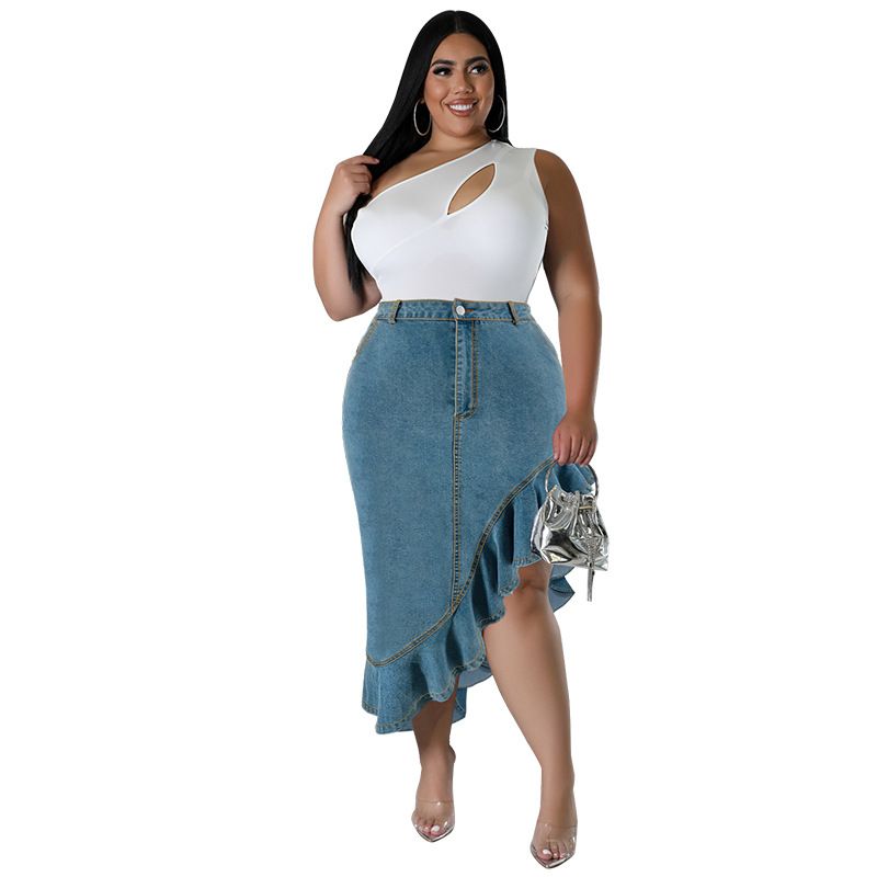 Women's Clothing Large Size Denim Fitted Long Skirt_ecoleips.com