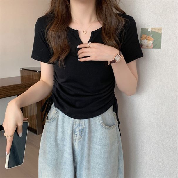 Women's Solid Color T-Shirt V Neck Drawstring Slim Fit Summer New Style Top_ecoleips.com