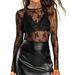 Wish European And American Foreign Trade Mesh Transparent Lace Long-sleeve Top For Women, Pay See-through_ecoleips.com