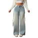 Women's Clothing Women's Peacock Blue Wide Leg Jeans - High Waist Relaxed Fit With Side Ribbon Detail_ecoleips.com
