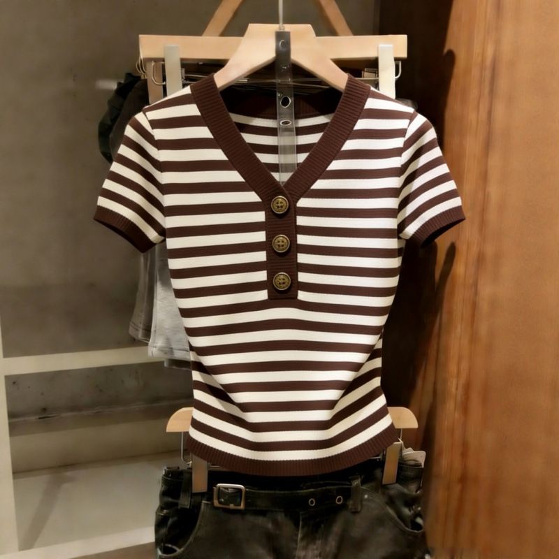 Women's Striped V Neck Short Sleeve Knit Top Slim Fit Button Down Spring Summer Design_ecoleips.com