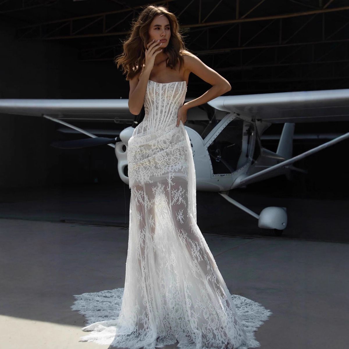 Women's Sexy Strapless Fishtail Dress Boning Waist Open Back Slim Elegant Lace See through Long Party Dress_ecoleips.com