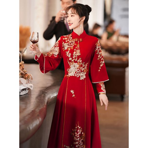 Elegant Chinese Style Wedding Banquet Dress Red Qipao Cheongsam Bride Reception Gown Long Sleeve Autumn Winter_ecoleips.com