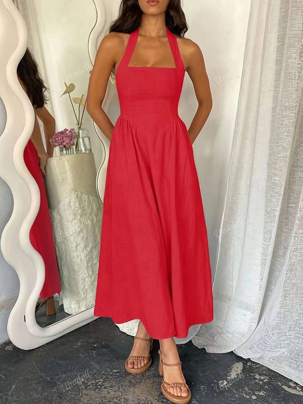 Women Dress Halter Square Neck High Waist A Line Midi Gown Chic New Spring Summer Casual Dress Beach Date Flowy Outfit_ecoleips.com