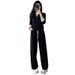 Women's Casual V-Neck Long Sleeve Wide Leg Pants Set - Soft Cotton Lounge & Streetwear Outfit For Spring/Autumn (Black)_ecoleips.com