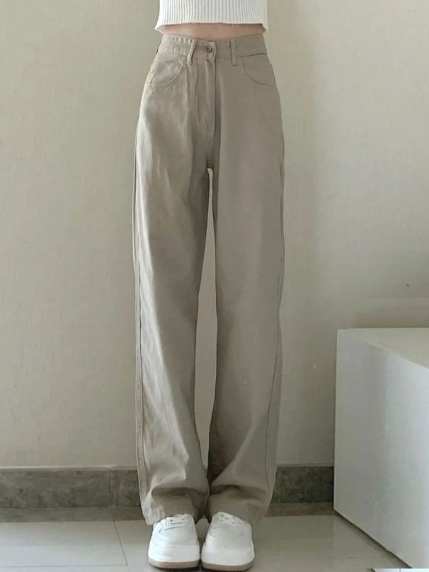 K Women's Trousers, Pear-shaped Figure, Women's Khaki High-waisted Straight-leg Jeans, Large Size Loose_ecoleips.com