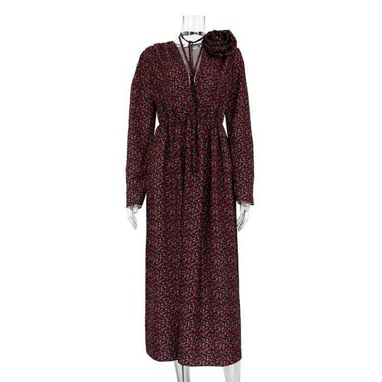 European And American Women's Fashion 2026 Early Spring New Floral Sexy Deep V-Neck Tie-Waist Side-Slit Long Dress_ecoleips.com