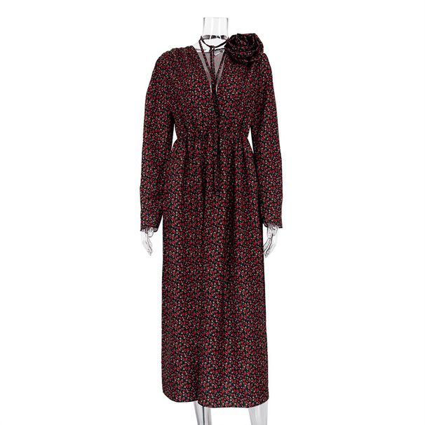 European And American Women's Fashion 2026 Early Spring New Floral Sexy Deep V-Neck Tie-Waist Side-Slit Long Dress_ecoleips.com