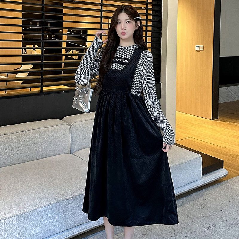 Real Shot Maternity Autumn Winter Black Textured Strap French Court Style Elegant Slimming Tank Dress_ecoleips.com