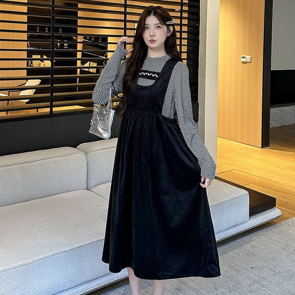 Real Shot Maternity Autumn Winter Black Textured Strap French Court Style Elegant Slimming Tank Dress_ecoleips.com