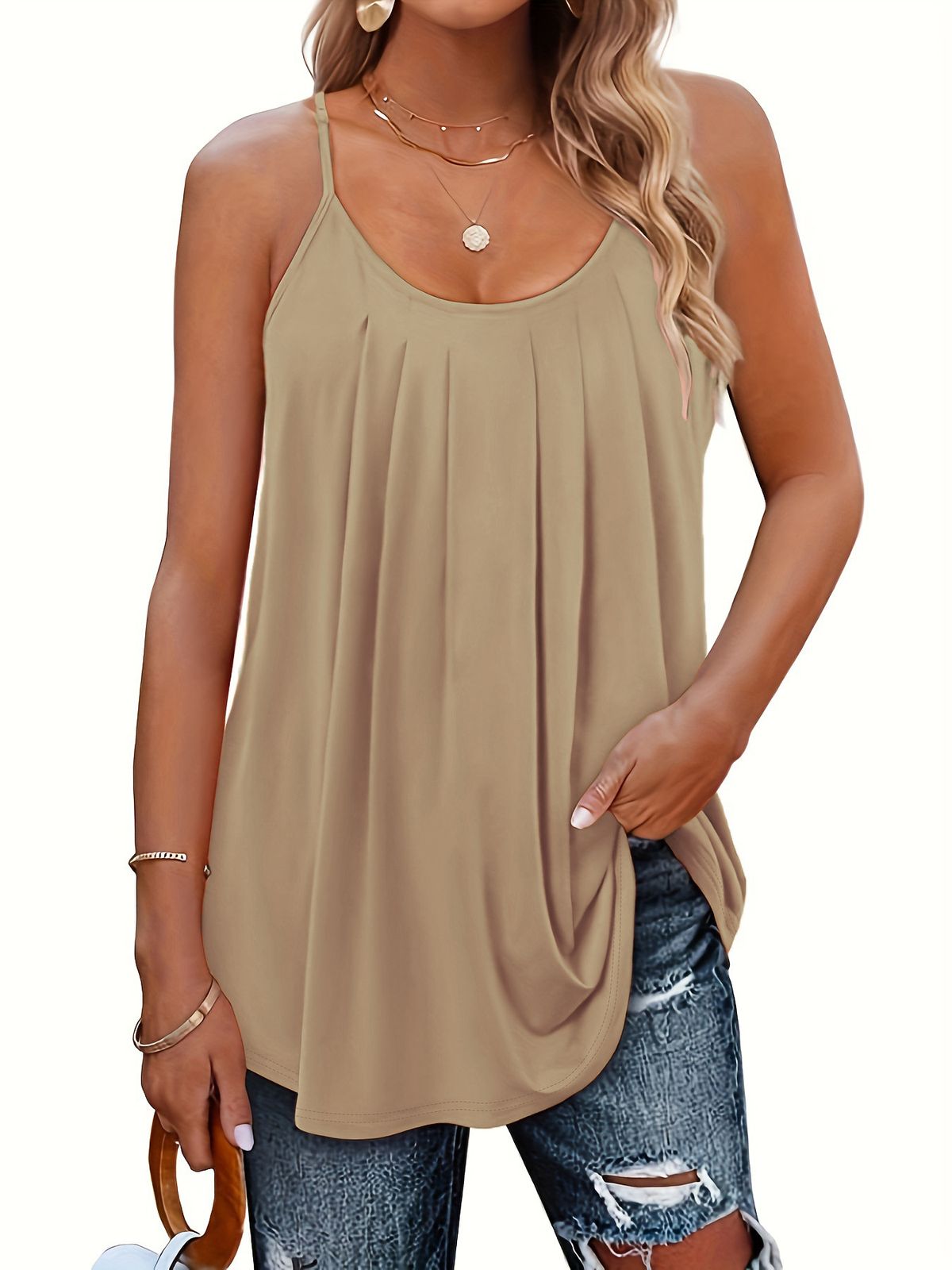Women's Clothing Summer Pleated Thin Strap Casual Top Loose Fit Polyester Tank Top By New_ecoleips.com