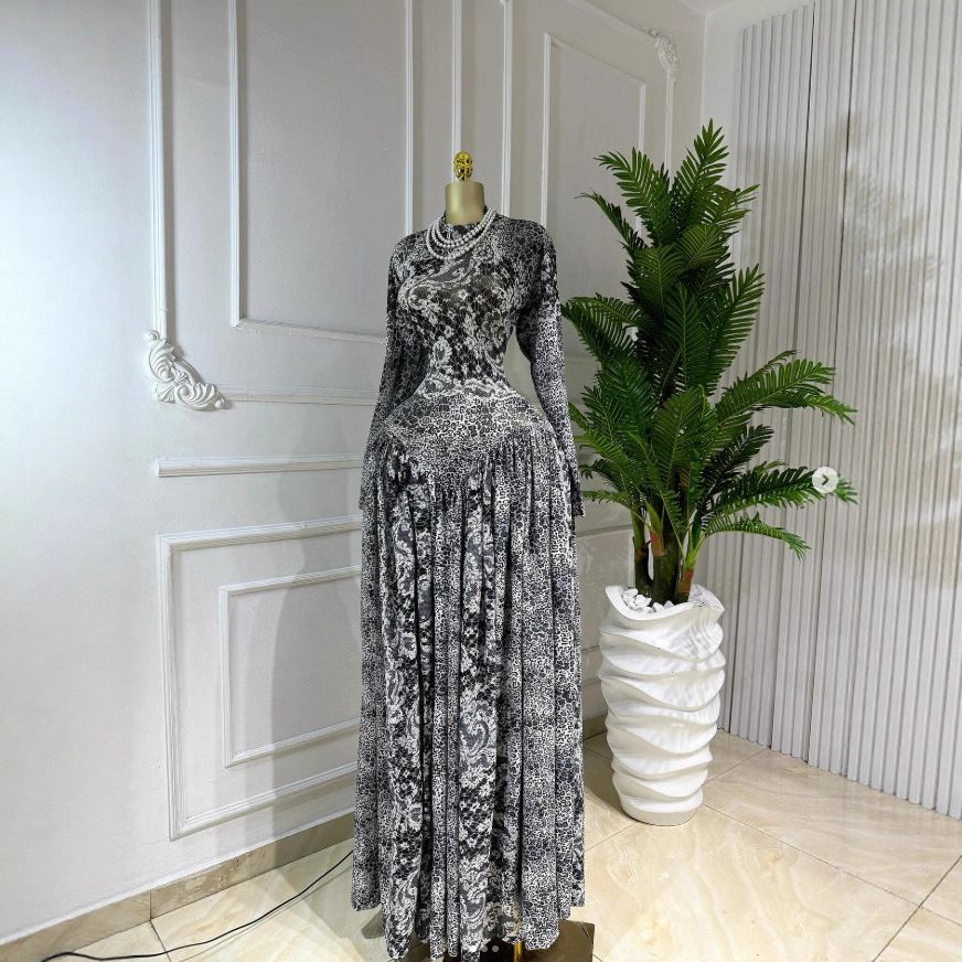 Autumn New Arrival Women's Slimming Long Dress round Neck Pleated Long Sleeve Printed Fashionable European American Style_ecoleips.com