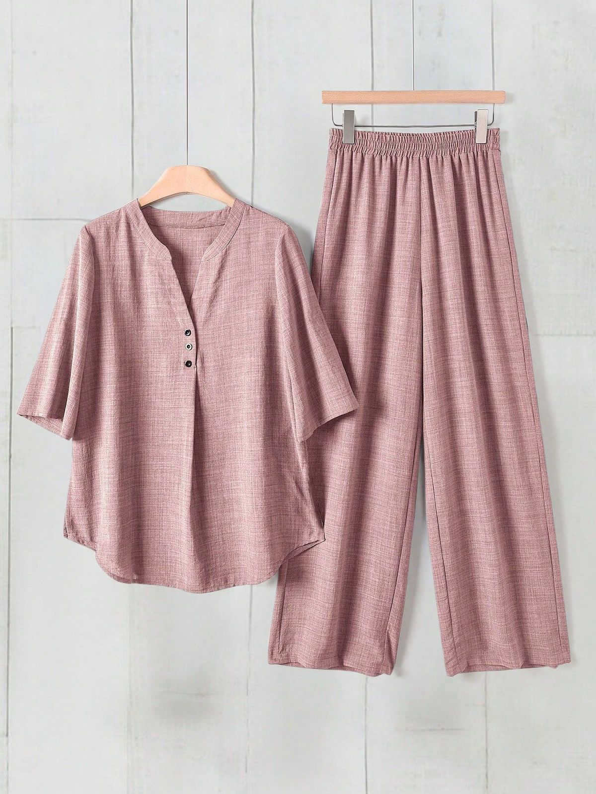 Women's Clothing Cross Border Plus Size Loose Casual Two Piece Set V Neck Short Sleeve Top And Pants_ecoleips.com