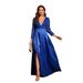 Elegant Navy Blue Satin Evening Gown Sequin-Embellished Split Thigh Formal Dress With V-Neck & Flutter Sleeves For Galas, Cocktail Parties_ecoleips.com