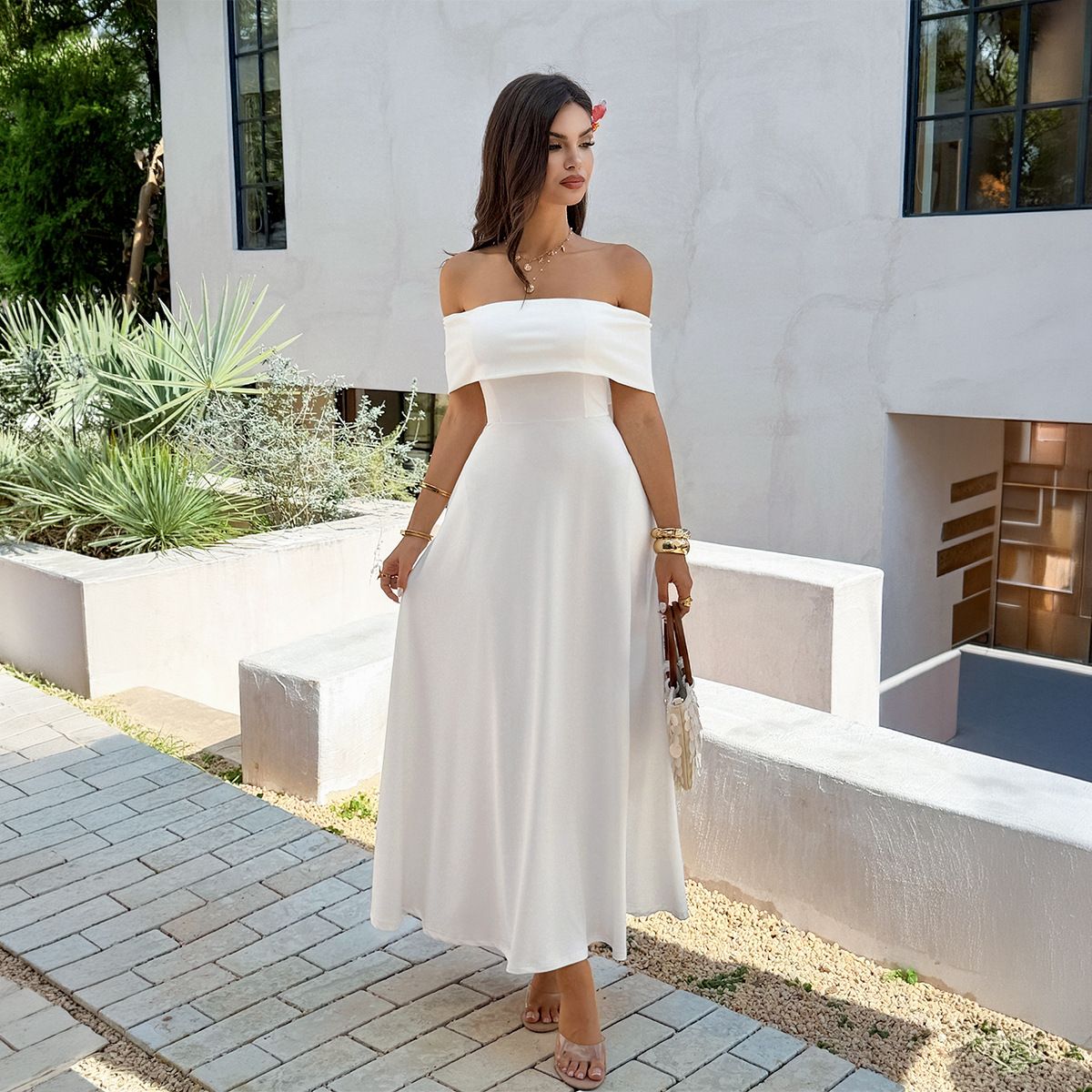 Women's Off-Shoulder French Style Dress Elegant Casual Thin Material Spring/Summer Clothing_ecoleips.com