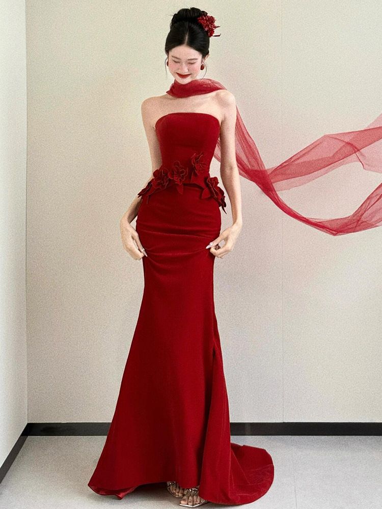Luxury Strapless Red Mermaid Evening Gown For Brides Unique High-End Women's Party Wear For Wedding Receptions Engagement Parties And Banquets_ecoleips.com