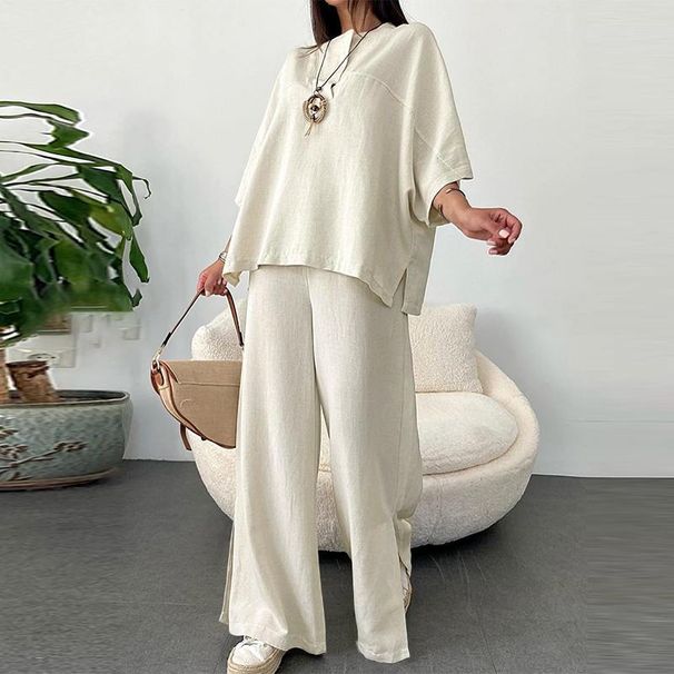 Women's Clothing Vintage Tops And Pants Cotton And Linen 2 Piece Set Casual Loose Elastic Waist Pants Trousers Sweatpants_ecoleips.com