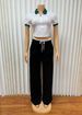 Women's Clothing New Contrast Color Lapel Short Sleeved Belly Baring Top Lace Up Straight Leg Trousers Suit_ecoleips.com