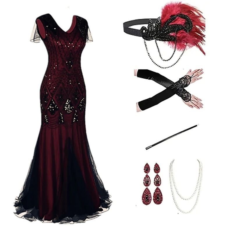 Women's Retro Sequined Dress Set V Neck Fringe Skirt Beaded Evening Gown Party Suit Regular Fit Spring/Autumn_ecoleips.com