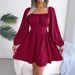 2026 Spring/Summer European And American Casual Solid Color Ruffled Square Neck Waist-Cinching Flared Dress_ecoleips.com
