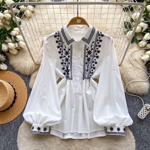 Retro Embroidered Women's Shirt Long Sleeves Lapel Loose Fit Summer Style Commuter Top High End Versatile_ecoleips.com