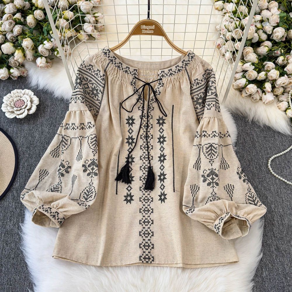 Women's Ethnic Style Embroidered Top Tie Waist Loose Fit Slimming Lantern Sleeves Super Cute Versatile Spring 2025_ecoleips.com
