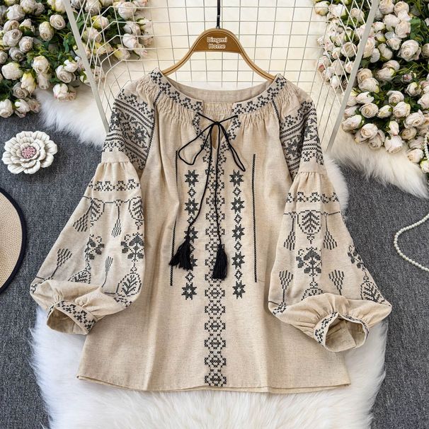 Women's Ethnic Style Embroidered Top Tie Waist Loose Fit Slimming Lantern Sleeves Super Cute Versatile Spring 2025_ecoleips.com