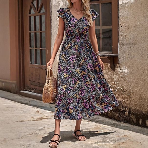 Verve 2025 Summer Beach Floral Long Dress Bohemian V-neck Print Strapless_ecoleips.com