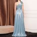 2026 Summer Off Shoulder Pleated Split Long Dress Elegant Lady Bridesmaid Dress Blue Flower Slanted Neck High Waisted Host Dress_ecoleips.com