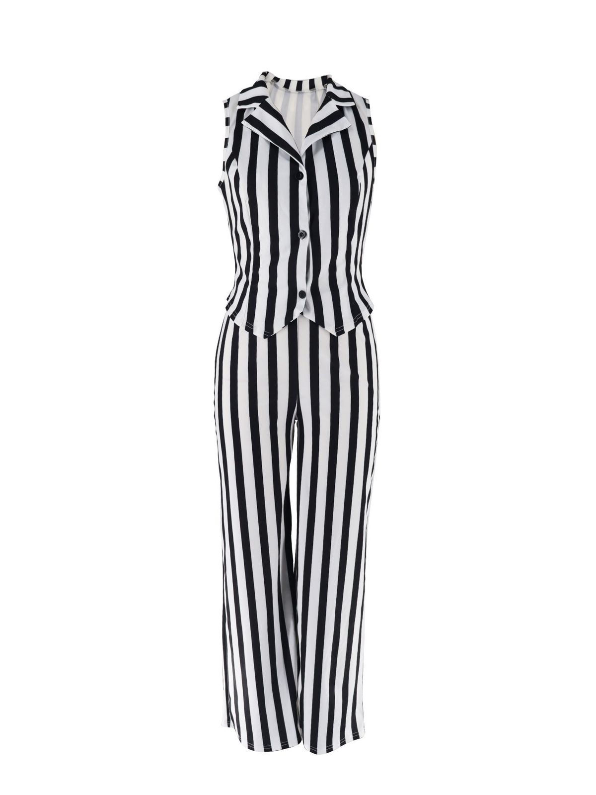 Women's Clothing Fashion Casual Black And White Striped Vest Shirt High Waist Wide Leg Pants Suit_ecoleips.com