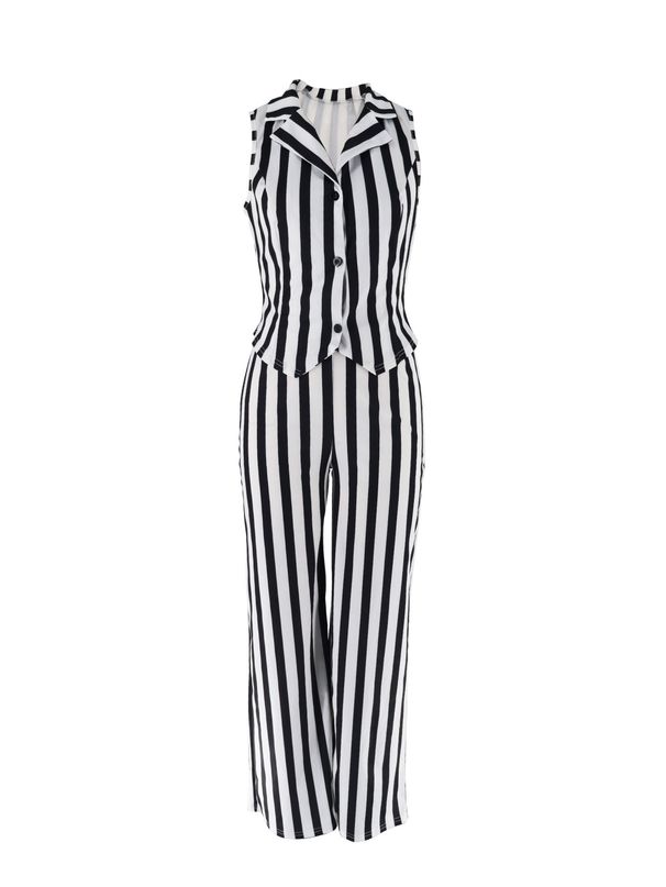 Women's Clothing Fashion Casual Black And White Striped Vest Shirt High Waist Wide Leg Pants Suit_ecoleips.com