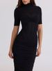 Mozision Turtleneck Short Sleeve Sexy Midi Dress Women Gown Fashion Elegant Black Mesh Zipper Bodycon Club Party Long Dresses_ecoleips.com