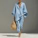 Women's Batwing Sleeve V-Neck Lounge Set Casual Two Piece Outfit Relaxed Fit Comfortable Clothing_ecoleips.com
