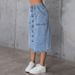Women's High Waist Stretchy Denim Midi Skirt - Slit Detail Bodycon Pencil Skirt (Dark Blue/Light Blue/Black/Grey, S-XXL)_ecoleips.com